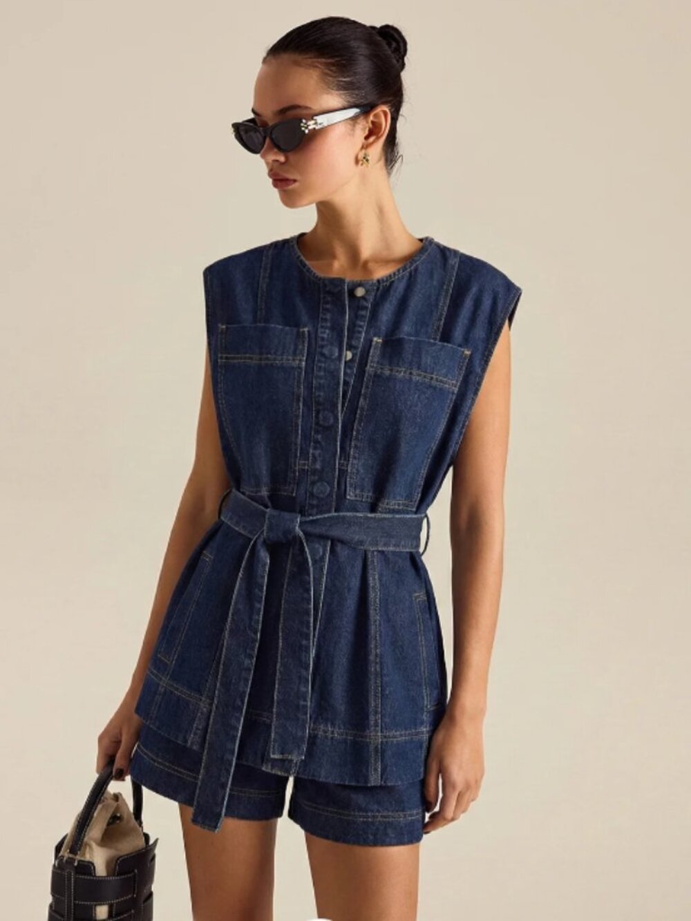 Belted Denim Sleeveless Vest & Shorts Set